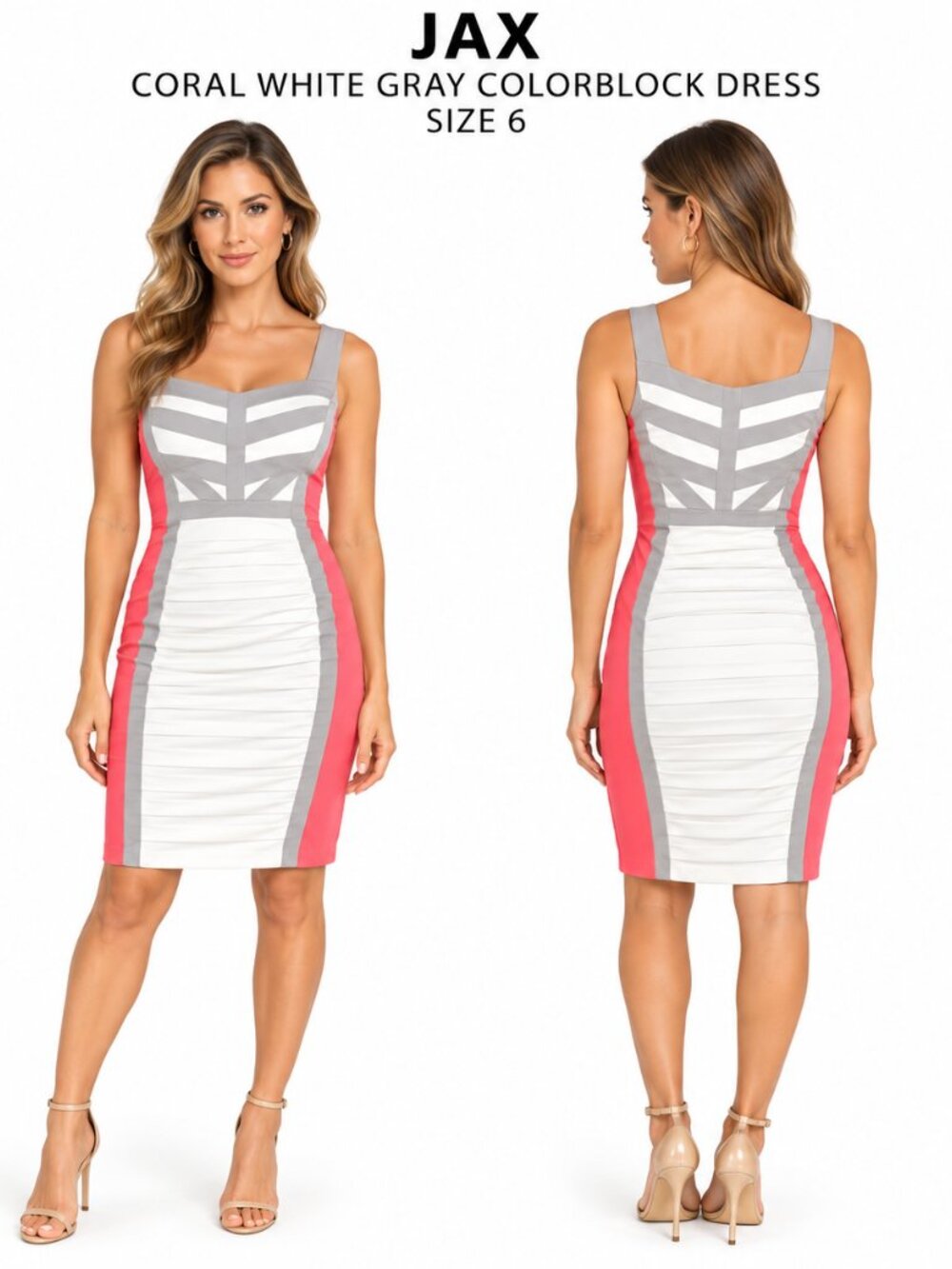 JAX CORAL WHITE GRAY COLORBLOCK BODYCON DRESS SIZE 6
